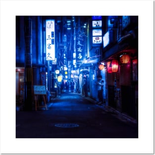 Japan Kyoto street - blue cyberpunk sci fi neon vintage 80s Posters and Art